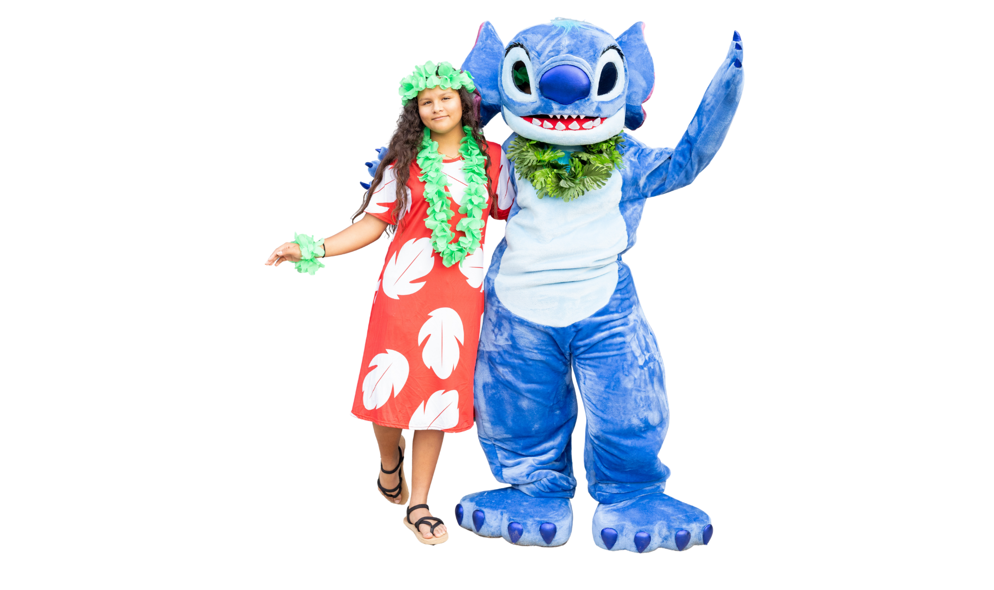 Stitch mascot with island-themed companion